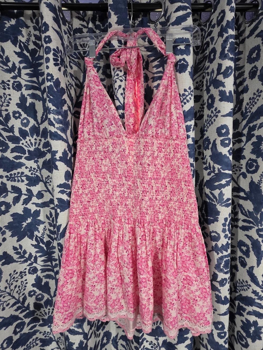 LoveShackFancy Luisetta Pink Floral Halter Mini Dress